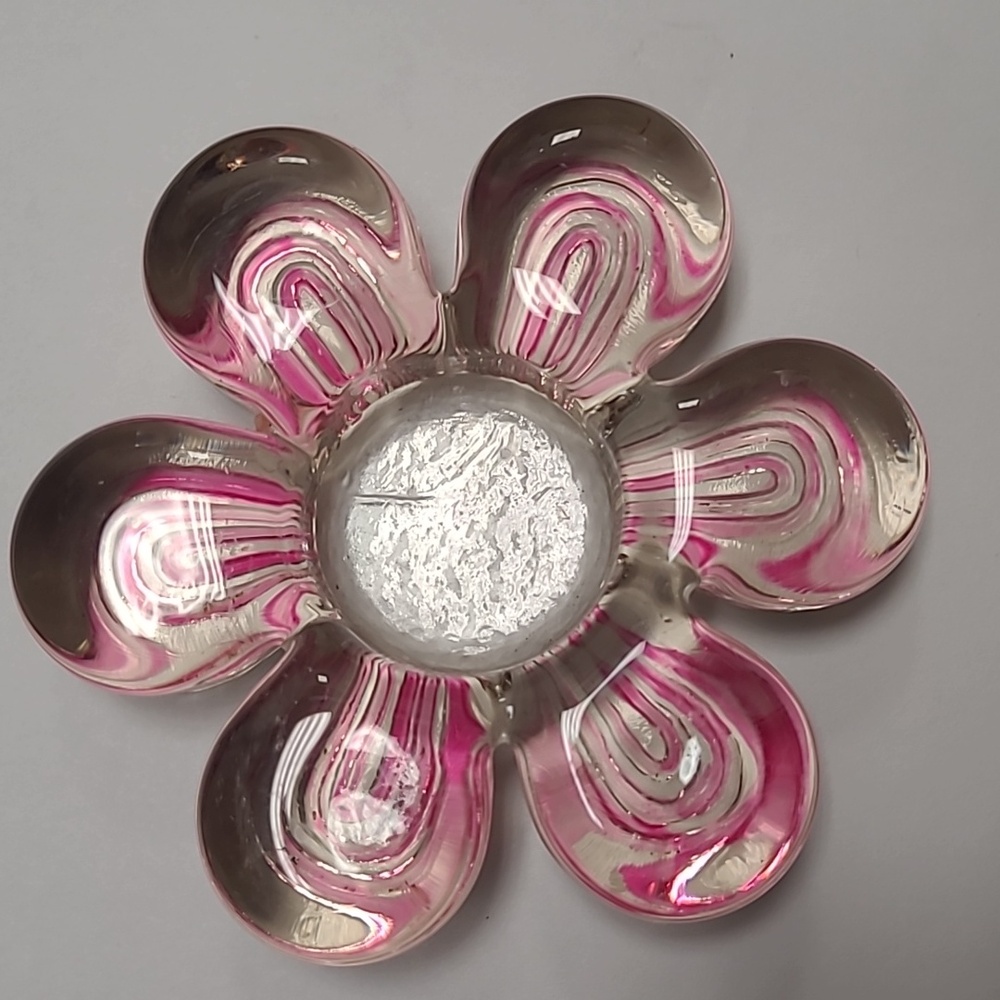 Vintage Heavy Crystal Flower Tea Light Candle Holder, Reverse color- Clear/ Pink